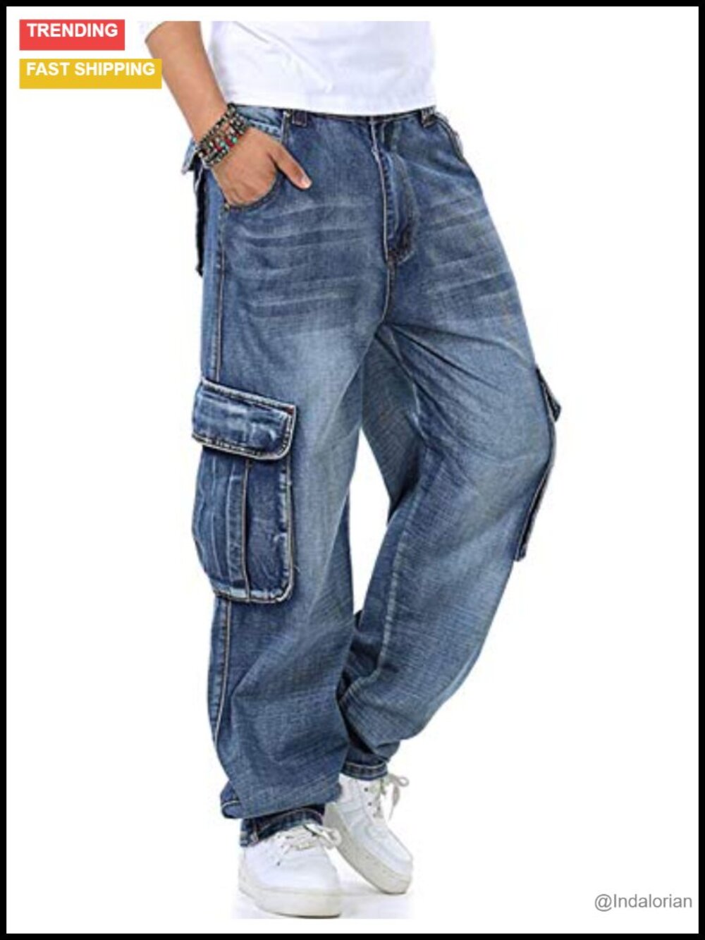Men's Baggy Cargo Jeans Vintage Washed Denim Multi Pockets Streetwear